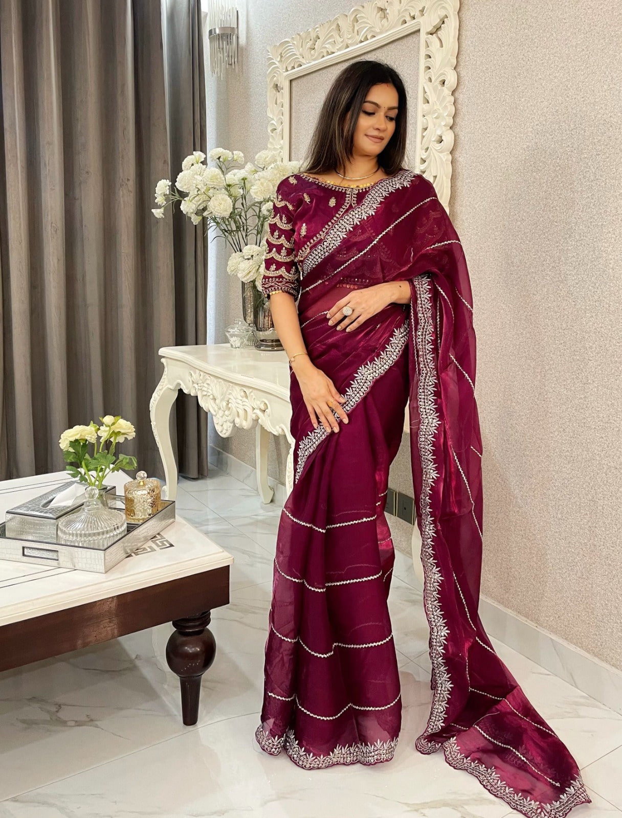 Beautiful Stone Work Saree with Free Blouse | Premium Elegant Collection