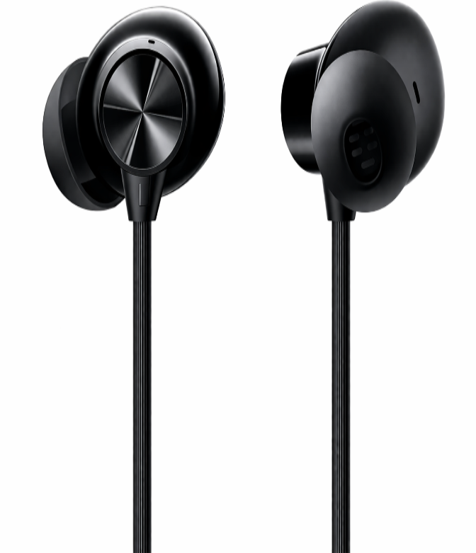 Black wireless earbuds on a white background