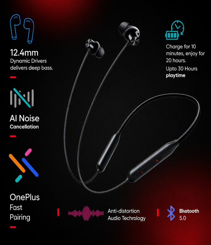 OnePlus wireless earbuds with features highlighted on a dark background