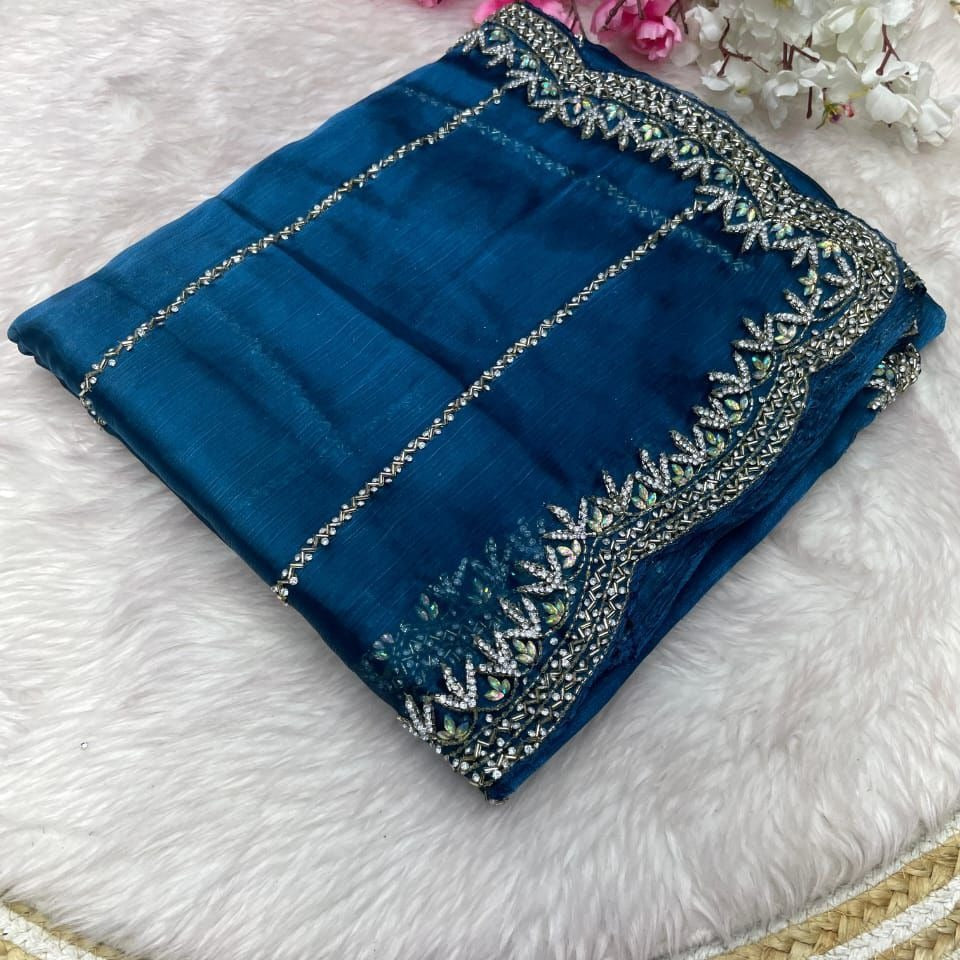 Beautiful Stone Work Saree with Free Blouse | Premium Elegant Collection