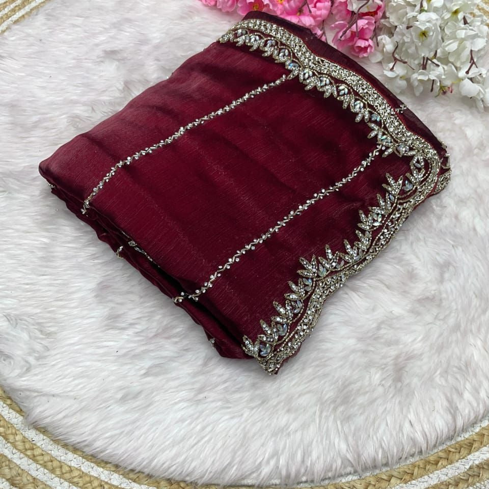 Beautiful Stone Work Saree with Free Blouse | Premium Elegant Collection