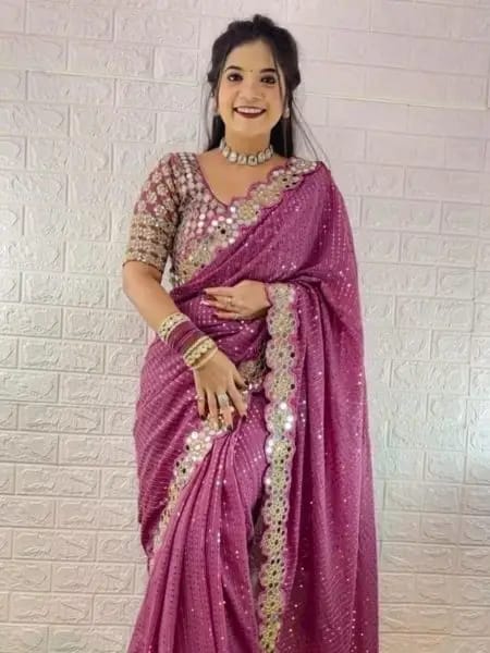 Magenta Georgette Saree with Sequins and Mirror Work Blouse Celebration Wear Special