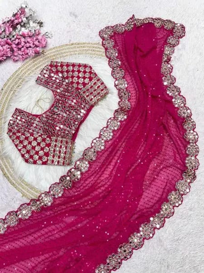 Magenta Georgette Saree with Sequins and Mirror Work Blouse Celebration Wear Special