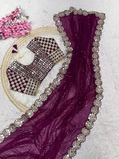 Magenta Georgette Saree with Sequins and Mirror Work Blouse Celebration Wear Special