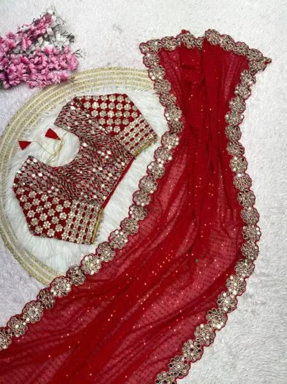 Magenta Georgette Saree with Sequins and Mirror Work Blouse Celebration Wear Special