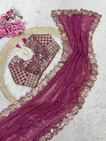 Magenta Georgette Saree with Sequins and Mirror Work Blouse Celebration Wear Special