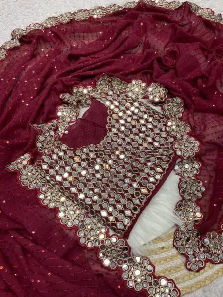 Magenta Georgette Saree with Sequins and Mirror Work Blouse Celebration Wear Special