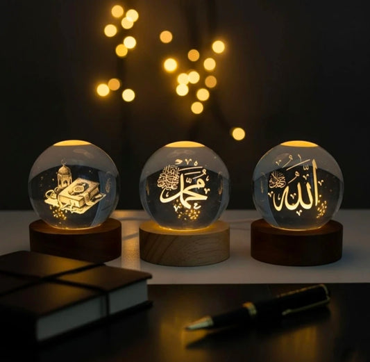 Allah muhammad Quram 3d crystal ball islamic allah - LED Glass Lamp Night Lamp Table Lamp (8 cm, White)
