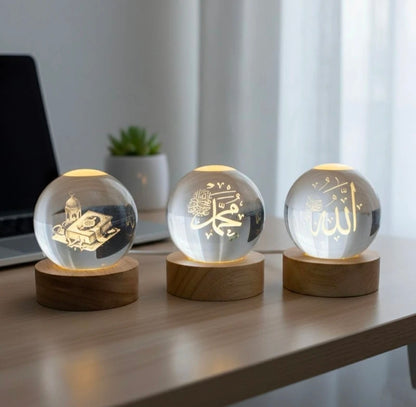 Allah muhammad Quram 3d crystal ball islamic allah - LED Glass Lamp Night Lamp Table Lamp (8 cm, White)