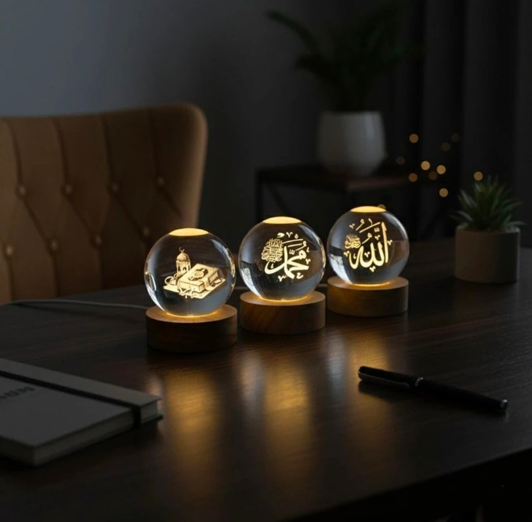 Allah muhammad Quram 3d crystal ball islamic allah - LED Glass Lamp Night Lamp Table Lamp (8 cm, White)